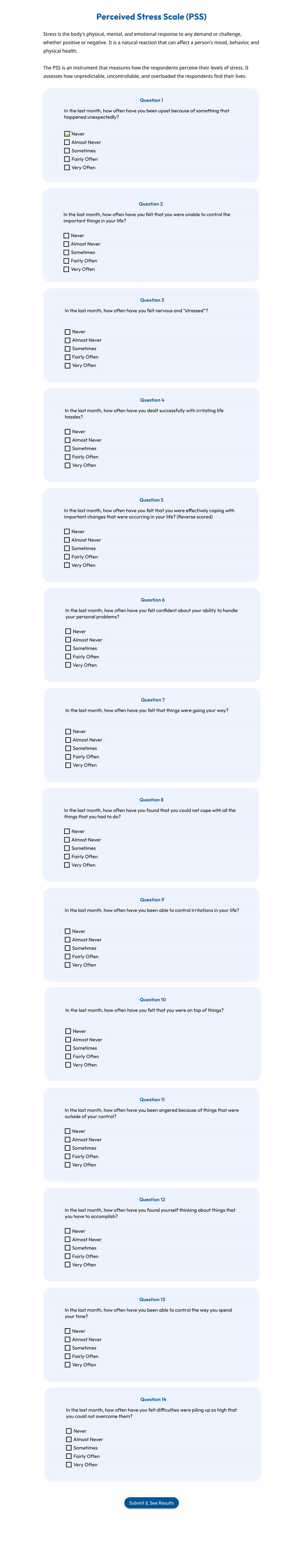 The self-help stress assessment: the Perceived Stress Scale laid out as a stack of question cards, each with five options from Never to Very Often, ending in a “Submit & See Results” button.