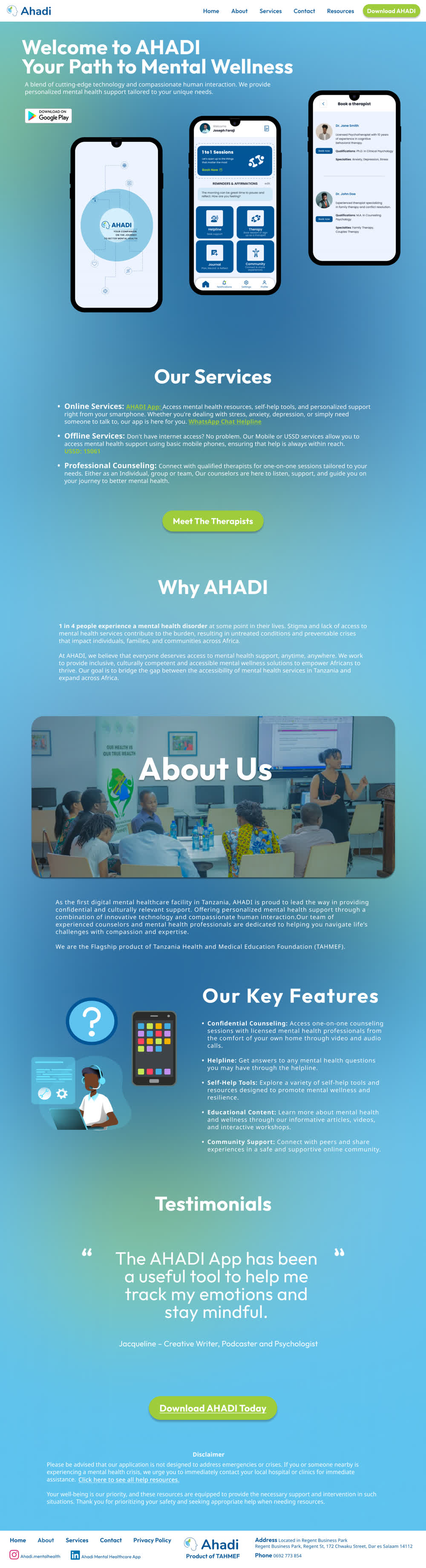 The AHADI homepage in a laptop frame: a blue-to-green gradient with the headline “Your Path to Mental Wellness”, the app shown on phones, and a green “Download AHADI” button.