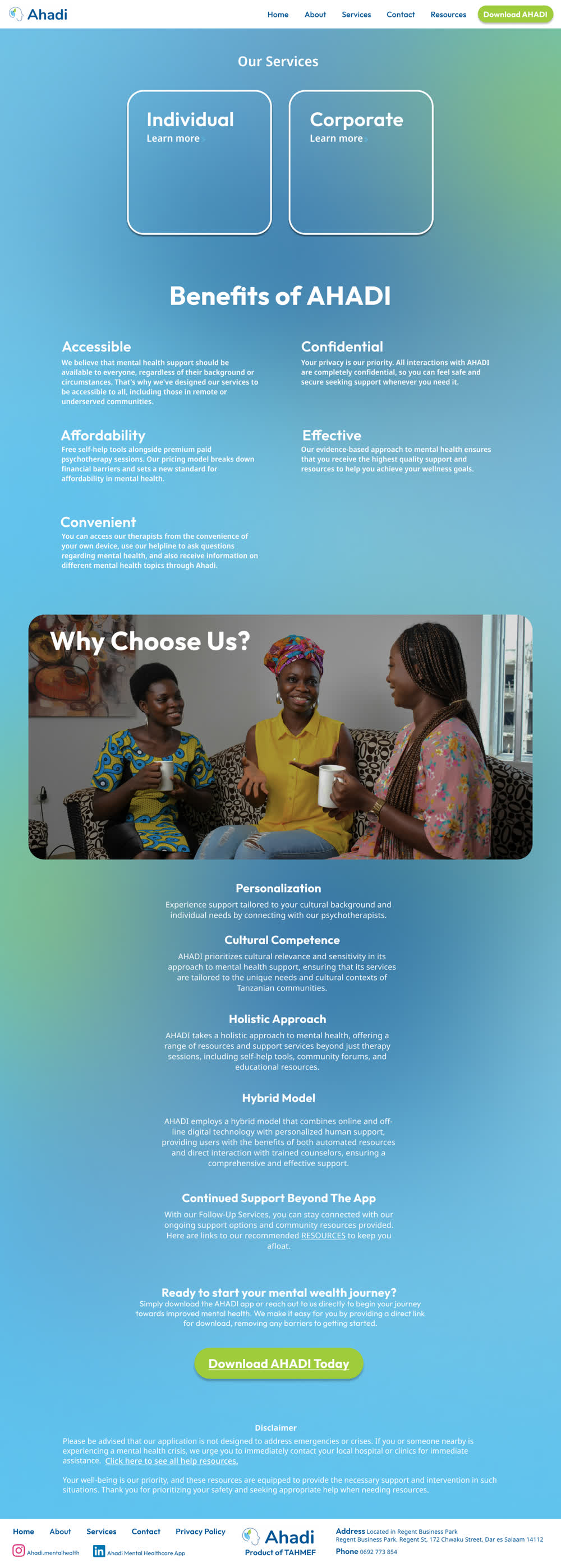 AHADI services page: Individual and Corporate cards at the top, a grid of benefits, a photo of three women in conversation, and stacked sections explaining the hybrid model.