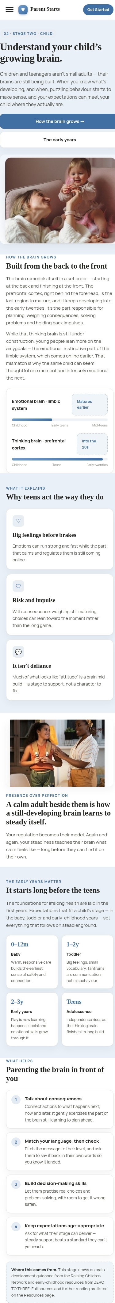 The Parent Starts child screen in its responsive mobile layout.