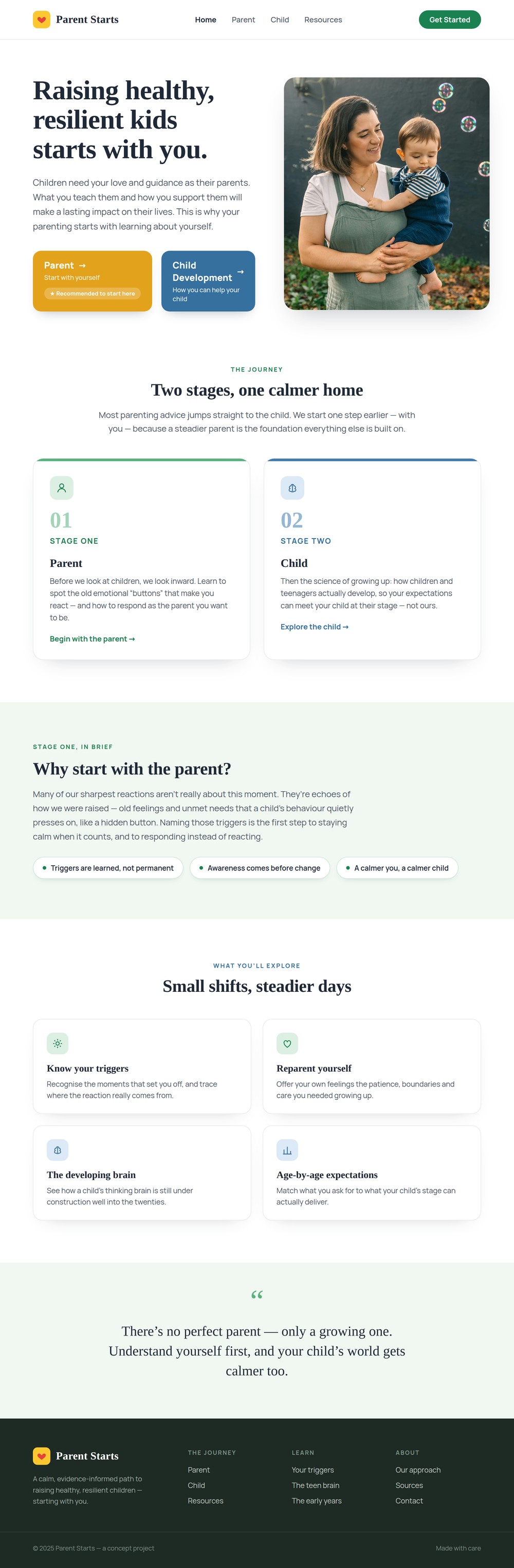 The Parent Starts homepage shown in a laptop frame.