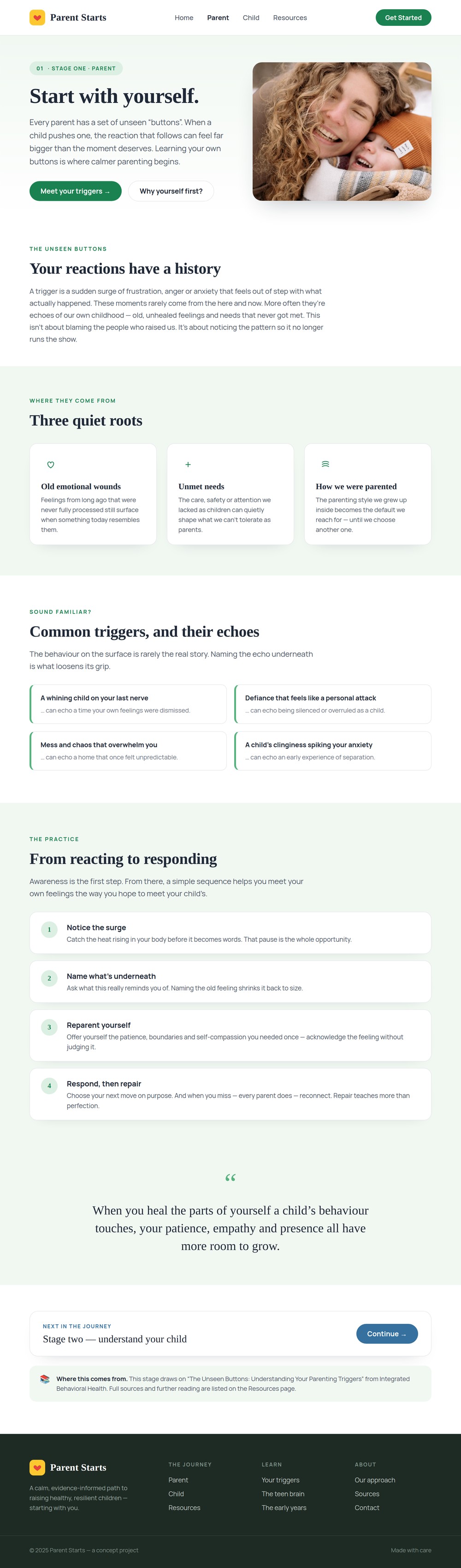 Parent screen: parenting triggers explained as unseen “buttons”, their roots, common examples, and a four-step move from reacting to responding.